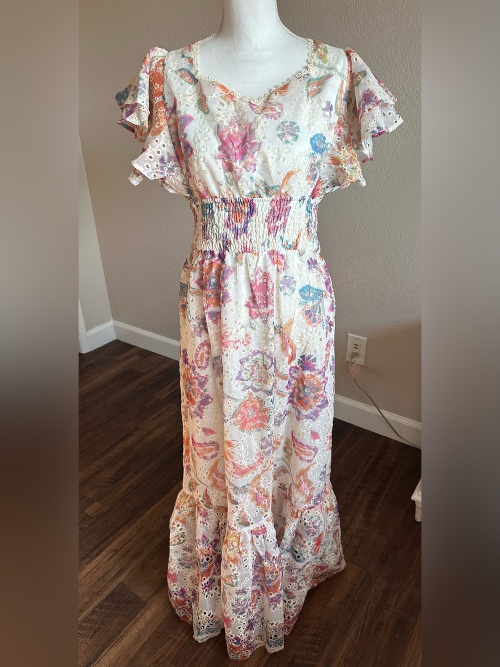 New Solitaire Cream Floral Maxi Dress with Pink and Blue Accents